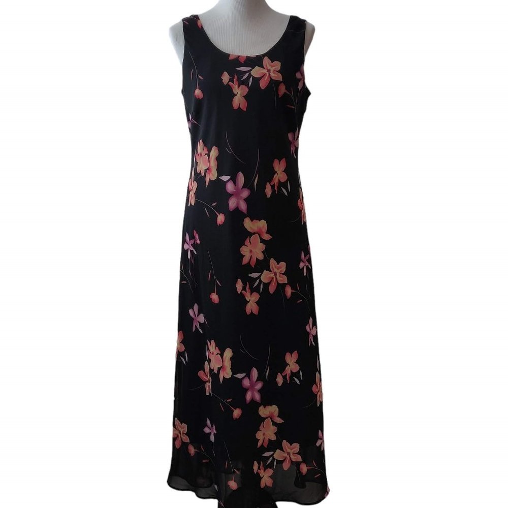 Mary McFadden Collection Womens Black Floral Sleeveless Long Sheath Dress 10
